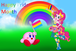 Size: 3000x2000 | Tagged: safe, artist:magical-mama, artist:sugar-loop, artist:user15432, pinkie pie, human, equestria girls, g4, barely eqg related, crossover, duo, flag, flag pole, gay pride, gay pride flag, high res, kirby, kirby (series), kirby pie, looking at you, pansexual, pansexual pride flag, ponied up, pride, pride flag, pride month, rainbow, rainbow flag