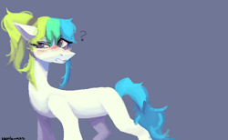Size: 814x501 | Tagged: safe, artist:neonbugzz, oc, oc:aqua celeste, earth pony, pony, confused, hair up, looking at you, ms paint, ponytail, solo