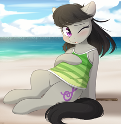 Size: 1167x1200 | Tagged: safe, artist:higglytownhero, octavia melody, earth pony, pony, g4, beach, blushing, clothes, cute, female, hot, leaning back, mare, ocean, one eye closed, sand, sitting, solo, summer, swimsuit, tavibetes, water