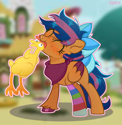 Size: 1850x1894 | Tagged: safe, artist:scarffist, oc, oc only, oc:solar comet, pegasus, pony, bandana, bow, clothes, disguised changedling, eyelashes, femboy, freckles, hair bow, male, rubber chicken, shake, sock, socks, solo, striped socks, tail, tail bow, trap, wings