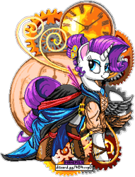 Size: 1028x1348 | Tagged: safe, artist:epicvon, artist:ncmares, rarity, pony, unicorn, g4, alternate hairstyle, bedroom eyes, boots, bracelet, clock, clothes, dress, eyeshadow, female, gears, jewelry, looking at you, majestic, makeup, manepxls, mare, pixel art, pxls.space, raised leg, shoes, simple background, smiling, solo, steampunk, style emulation, transparent background