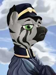 Size: 1281x1724 | Tagged: safe, artist:aaronmk, oc, zebra, equestria at war mod, bust, clothes, cloud, facial hair, hat, moustache, portrait, robes, sky, uniform