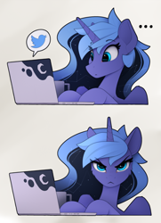 Size: 2210x3045 | Tagged: safe, artist:yakovlev-vad, princess luna, alicorn, pony, ..., 2 panel comic, :<, angry, cheek fluff, comic, computer, computer reaction faces, constellation, cute, eye clipping through hair, eyebrows, eyebrows visible through hair, female, frown, high res, horn, laptop computer, looking at you, luna is not amused, lunabetes, madorable, mare, meta, mug, reaction image, s1 luna, seriously, simple background, solo, speech bubble, twitter, unamused, white background, wings
