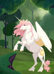 Size: 6203x8500 | Tagged: safe, artist:neighbaby, princess celestia, alicorn, pony, g4, absurd file size, absurd resolution, colored wings, female, forest, frown, hoers, mare, open mouth, pink-mane celestia, rearing, red eyes, solo, the last unicorn, tree, wings