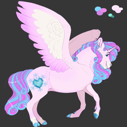 Size: 3000x3000 | Tagged: safe, artist:neighbaby, princess flurry heart, alicorn, pony, g4, brown background, cloven hooves, colored hooves, colored wings, cutie mark, dark background, eyebrows, female, flurry heart's cutie mark, grin, high res, hoers, looking at you, mare, older, older flurry heart, simple background, smiling, smiling at you, solo, spread wings, wings