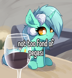 Size: 2440x2656 | Tagged: safe, artist:witchtaunter, lyra heartstrings, pony, unicorn, g4, alcohol, chest fluff, colored pupils, cute, ear fluff, female, glass, high res, horn, l.u.l.s., looking at you, lyrabetes, mare, meme, pegaphobia, ponified, ponified animal photo, ponified meme, pony racism, racism, sitting, solo, text, wine, wine glass