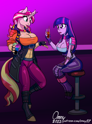 Size: 1200x1613 | Tagged: safe, artist:omny87, sunset shimmer, twilight sparkle, cyborg, unicorn, anthro, unguligrade anthro, equestria girls, abs, alcohol, bare midriff, barstool, boots, breasts, busty sunset shimmer, busty twilight sparkle, clothes, cyberpunk, drink, duo, duo female, female, fingerless gloves, gloves, jacket, pants, pony coloring, shadowrun, shoes