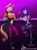 Size: 1200x1613 | Tagged: safe, artist:omny87, sunset shimmer, twilight sparkle, cyborg, human, unicorn, anthro, unguligrade anthro, equestria girls, g4, abs, alcohol, bar, bare midriff, barstool, big breasts, boots, breasts, busty sunset shimmer, busty twilight sparkle, cleavage, clothes, cyberpunk, drink, duo, duo female, female, fingerless gloves, gloves, jacket, pants, pony coloring, power glove, shadowrun, shoes