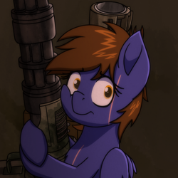 Size: 2000x2000 | Tagged: safe, artist:memeancholy, oc, oc only, oc:dauntless, pegasus, pony, fallout equestria, bust, cheek squish, female, frown, gun, high res, holding, hoof hold, mare, missile launcher, pegasus oc, scar, short hair, shoulder-mounted machine gun, solo, squishy cheeks, weapon