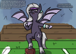 Size: 2100x1500 | Tagged: safe, artist:hemlock conium, oc, oc only, oc:nightfall star-tail, bat pony, clothes, digital art, female, hoofball, mare, school of friendship, simple background, simple shading, solo, sports, text