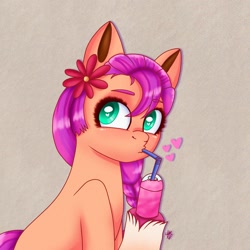 Size: 1280x1280 | Tagged: safe, artist:galaxy swirl, sunny starscout, earth pony, pony, g5, my little pony: a new generation, bendy straw, colored pupils, drinking straw, eye clipping through hair, eyebrows, eyebrows visible through hair, female, floating heart, flower, flower in hair, heart, heart eyes, hoof hold, mare, signature, smoothie, solo, unshorn fetlocks, wingding eyes