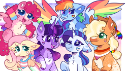 Size: 3661x2048 | Tagged: safe, artist:moccabliss, applejack, fluttershy, pinkie pie, rainbow dash, rarity, twilight sparkle, earth pony, pegasus, pony, unicorn, g4, :3, abrosexual, abrosexual pride flag, bisexual pride flag, bisexuality, blaze (coat marking), bushy brows, chest fluff, coat markings, colored wings, ear fluff, eyebrows, eyebrows visible through hair, facial markings, female, floppy ears, genderfluid, genderfluid pride flag, hair over one eye, headcanon, heart, high res, horn, lesbian, lesbian pride flag, lgbt headcanon, looking at someone, mane six, mare, multicolored wings, one eye closed, open mouth, open smile, pangender, pangender pride flag, pansexual, pansexual pride flag, pride, pride flag, raised hoof, sexuality headcanon, smiling, spread wings, star (coat marking), thick eyebrows, trans fluttershy, transgender, transgender pride flag, unicorn twilight, wings, wink