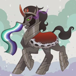 Size: 2048x2036 | Tagged: dead source, safe, artist:ghoulhowls, king sombra, pony, umbrum, unicorn, g4, cape, clothes, gay pride flag, grin, high res, male, mouth hold, pride, pride flag, pride month, simple background, smiling, solo, sombra eyes, stallion