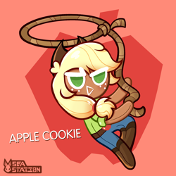 Size: 2000x2000 | Tagged: safe, artist:seasemissary, applejack, human, g4, chibi, cookie run, cookiefied, dark skin, high res, humanized, lasso, rope, solo