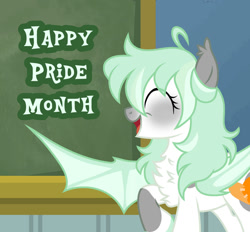 Size: 1280x1189 | Tagged: safe, artist:dilfistic, oc, oc only, bat pony, pony, bat pony oc, bat wings, chalkboard, chest fluff, eyelashes, eyes closed, female, indoors, mare, pride month, raised hoof, smiling, solo, wings