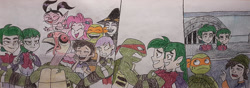 Size: 900x317 | Tagged: safe, artist:jebens1, pinkie pie, bird, dragon, human, humanoid, turkey, turtle, equestria girls, g4, spoiler:the owl house, american dragon jake long, amity blight, angry, blight siblings, blight twins, brother and sister, comic, dyed hair, edric blight, emira blight, facepalm, female, frown, laughing, luz noceda (the owl house), male, michelangelo, raphael, shinigami, siblings, sisters, spoilers for another series, story included, teenage mutant ninja turtles, the owl house, traditional art, twins, witch