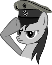 Size: 801x997 | Tagged: safe, artist:theuser28282, oc, oc only, oc:brittany, pony, anarchist, bust, chaos star, female, frown, grayscale, hat, hooves, mare, monochrome, salute, simple background, solo, three arrows, transparent background