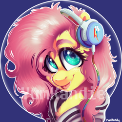 Size: 3500x3500 | Tagged: safe, artist:yumkandie, fluttershy, pegasus, pony, g4, :p, bust, cheek fluff, chest fluff, clothes, cute, daaaaaaaaaaaw, fangs, freckles, headphones, high res, hoodie, implied flutterdash, implied lesbian, implied shipping, portrait, shyabetes, signature, solo, stray strand, tongue out, watermark