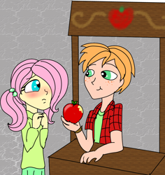Size: 952x1008 | Tagged: safe, artist:purfectprincessgirl, big macintosh, fluttershy, human, equestria girls, g4, 2014, apple, blushing, eating, female, food, freckles, gray background, hair over one eye, looking at each other, looking at someone, male, old art, ship:fluttermac, shipping, simple background, story included, straight, younger