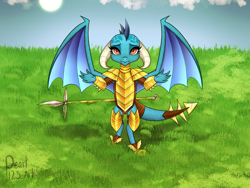 Size: 1600x1200 | Tagged: safe, artist:pearl123_art, princess ember, dragon, fanfic:the lost element, g4, armor, cloud, dragon armor, dragoness, fanfic art, female, grass, incoming hug, looking at you, outstretched arms, sky, solo, spear, sun, weapon