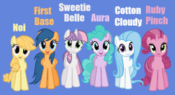 Size: 871x474 | Tagged: safe, artist:tonyoslaurenfaustfan567, aura (g4), cotton cloudy, first base, noi, ruby pinch, sweetie belle, earth pony, pegasus, pony, unicorn, g4, adorabase, alternate mane six, alternate universe, aurabetes, blue background, cottonbetes, cute, diasweetes, female, folded wings, hugpony poses, mare, noiabetes, older, older aura (g4), older cotton cloudy, older first base, older noi, older ruby pinch, older sweetie belle, orange text, palette swap, pegasus first base, pinchybetes, pink text, purple text, race swap, recolor, simple background, text, white text, wings, yellow text