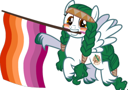 Size: 1262x887 | Tagged: safe, artist:yeetmedownthestairs, oc, oc only, oc:olivia leaf, pegasus, pony, cute, face paint, female, flag, freckles, grin, headband, lesbian pride flag, mare, mouth hold, pride, pride flag, pride month, simple background, smiling, solo, transparent background, unshorn fetlocks