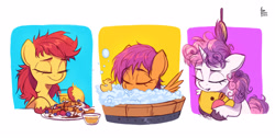 Size: 3888x1960 | Tagged: safe, artist:fanzeem, apple bloom, scootaloo, sweetie belle, earth pony, pegasus, pony, unicorn, g4, abstract background, adorabloom, bathing, blueberry, brush, brushing, bubble, bubble bath, cute, cutealoo, cutie mark crusaders, diasweetes, eyes closed, female, filly, foal, food, fruit, herbivore, juice, messy mane, morning ponies, plushie, rubber duck, signature, spread wings, strawberry, syrup, tired, unshorn fetlocks, waffle, whipped cream, wings