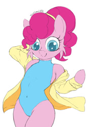 Size: 880x1280 | Tagged: safe, artist:fajnyziomal, pinkie pie, earth pony, semi-anthro, g4, alternate hairstyle, arm hooves, cheek fluff, clothes, commission, hind legs, legs together, one-piece swimsuit, simple background, smiling, solo, swimsuit, white background, your character here