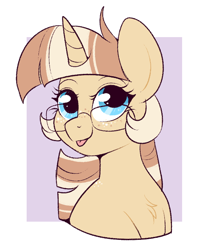 Size: 602x741 | Tagged: safe, artist:lulubell, oc, oc only, oc:lulubell, pony, unicorn, :p, alternate hairstyle, bust, chest fluff, eyebrows, female, freckles, glasses, horn, looking at you, mane swap, mare, raspberry, smiling, smiling at you, solo, tongue out, unicorn oc