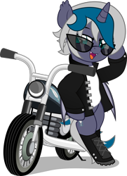 Size: 3625x5000 | Tagged: safe, artist:jhayarr23, oc, oc only, oc:elizabat stormfeather, alicorn, bat pony, bat pony alicorn, pony, alicorn oc, badass, bat pony oc, bat wings, biker, bipedal, boots, clothes, commission, cool, fangs, female, horn, jacket, leather jacket, mare, motorcycle, open mouth, shirt, shoes, simple background, solo, sunglasses, t-shirt, transparent background, wings, ych result