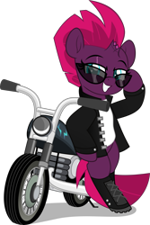 Size: 3337x4999 | Tagged: safe, artist:jhayarr23, fizzlepop berrytwist, tempest shadow, pony, unicorn, g4, badass, biker, bipedal, boots, broken horn, clothes, commission, cool, eye scar, female, grin, horn, jacket, leather jacket, mare, motorcycle, scar, shirt, shoes, simple background, smiling, solo, sunglasses, t-shirt, transparent background, ych result