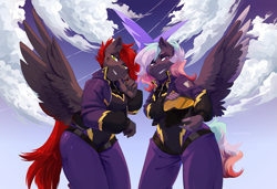 Size: 3241x2222 | Tagged: safe, artist:hakkids2, oc, oc only, oc:bwae, oc:velvetine, pegasus, anthro, bedroom eyes, breasts, clothes, cloud, commission, costume, digital art, duo, female, helmet, high res, jacket, looking at you, pegasus oc, pilot, shadowbolts, shadowbolts costume, sky, spread wings, suit, tail, thighs, wide hips, wings
