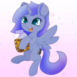 Size: 3000x3000 | Tagged: safe, artist:zokkili, princess luna, alicorn, pony, g4, colored eyelashes, cookie, cookie jar, cute, ear fluff, ethereal mane, female, filly, foal, food, gradient background, high res, horn, jar, lunabetes, open mouth, pink background, simple background, solo, white background, wings, woona, younger
