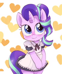 Size: 1986x2400 | Tagged: safe, artist:k-nattoh, starlight glimmer, pony, unicorn, semi-anthro, g4, arm hooves, bipedal, clothes, cute, female, glimmerbetes, heart, heart background, horn, maid, mare, simple background, smiling, solo, white background