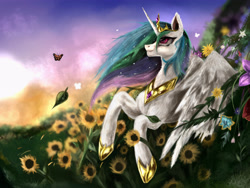 Size: 4000x3000 | Tagged: safe, artist:andley, princess celestia, alicorn, pony, g4, female, flower, jewelry, leaves, mare, morning, smiling, solo, sun, sunflower