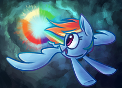 Size: 1400x1000 | Tagged: safe, artist:gektix, rainbow dash, pegasus, pony, g4, cloud, eye clipping through hair, female, flying, lightly watermarked, looking back, mare, open mouth, open smile, rainbow, smiling, solo, sonic rainboom, spread wings, watermark, wings