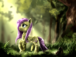 Size: 4000x3000 | Tagged: safe, artist:andley, fluttershy, pegasus, pony, g4, crepuscular rays, female, forest, grass, leaves, lost, solo, tree