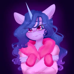 Size: 2117x2117 | Tagged: safe, artist:cherubisous, izzy moonbow, unicorn, anthro, g5, bathrobe, clothes, crossed arms, eye clipping through hair, female, frown, high res, looking at you, mare, robe, simple background, solo, tired