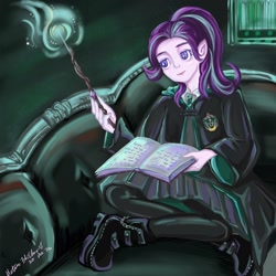 Size: 2048x2048 | Tagged: safe, artist:meteor flicker, starlight glimmer, human, g4, book, elf ears, harry potter (series), high res, humanized, magic, magic wand, pony coloring, slytherin, solo, starry eyes, wand, wingding eyes