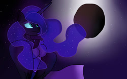 Size: 874x544 | Tagged: safe, artist:manglethemangledtoy, nightmare moon, anthro, g4, clothes, eclipse, female, horn, moon, night, solar eclipse, sparkles, stars, wings