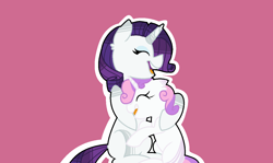 Size: 1274x759 | Tagged: safe, artist:manglethemangledtoy, rarity, sweetie belle, pony, unicorn, g4, belle sisters, eyes closed, eyeshadow, female, filly, foal, horn, hug, makeup, mare, pink background, sibling love, siblings, simple background, sisterly love, sitting, smiling