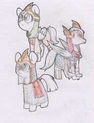 Size: 3909x5110 | Tagged: safe, artist:foxtrot3, earth pony, hippogriff, pegasus, pony, armor, boots, chainmail, clothes, dragon kingdom guard, group, helmet, leather, leather armor, leather boots, scarf, shoes, traditional art, trio