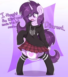 Size: 3312x3750 | Tagged: safe, artist:crnklbox, oc, oc only, oc:czupone, pony, unicorn, bipedal, clothes, crossdressing, diaper, diaper fetish, fetish, high res, hoodie, male, non-baby in diaper, poofy diaper, skirt, solo, stallion, stockings, thigh highs