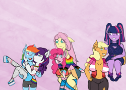 Size: 2591x1846 | Tagged: safe, artist:mintymelody, applejack, fluttershy, pinkie pie, rainbow dash, rarity, twilight sparkle, anthro, g4, bandaid, bandaid on nose, bicep carry, bridal carry, carrying, cheek kiss, clothes, female, kissing, lesbian, mane six, open clothes, open shirt, piggyback ride, pigtails, pride, pride flag, ship:flutterpie, ship:raridash, ship:twijack, shipping, strong, twintails
