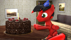 Size: 3840x2160 | Tagged: safe, artist:fireemerald123, oc, oc only, oc:page feather, pegasus, pony, 3d, birthday, bookshelf, cake, couch, food, hat, high res, painting, party hat, portal (valve), source filmmaker, the cake is a lie