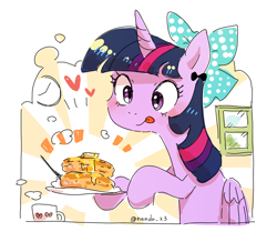 Size: 2124x1848 | Tagged: safe, artist:fuyugi, twilight sparkle, alicorn, pony, g4, bow, food, hair bow, heart, licking, licking lips, mug, pancakes, solo, tongue out, twilight sparkle (alicorn), window