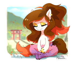 Size: 2385x2040 | Tagged: safe, artist:fuyugi, oc, oc only, oc:dayspring temper, pegasus, pony, colored hooves, ectoplasm, eyes closed, high res, lotus position, magic, magic aura, meditating, meditation, outdoors, pegasus oc, sitting, torii