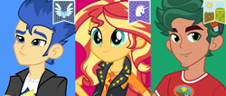 Size: 1302x554 | Tagged: safe, artist:bb-k, edit, flash sentry, sunset shimmer, timber spruce, earth pony, human, pegasus, unicorn, equestria girls, equestria girls series, g4, hearth's warming eve (episode), my little pony equestria girls: legend of everfree, official, banner, blue background, bust, camp everfree logo, camp everfree outfits, dirtville, earth pony tribe, eyes closed, female, flag, flower, green background, green eyes, hat, jewelry, looking at you, male, object, pegasopolis, pegasus tribe, red background, regalia, smiling, smirk, sun, sunflower, unicorn tribe, unicornia