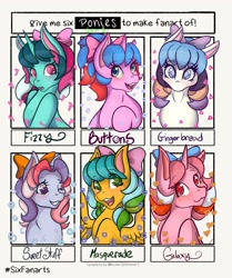 Size: 1715x2048 | Tagged: safe, artist:mscolorsplash, buttons (g1), fizzy, galaxy (g1), gingerbread, masquerade (g1), sweet stuff, earth pony, pegasus, pony, unicorn, g1, bow, cute, female, grin, hair bow, mare, one eye closed, six fanarts, smiling, wink