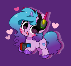 Size: 3888x3592 | Tagged: safe, artist:kittyrosie, izzy moonbow, pony, unicorn, g5, colored hooves, cute, d.va, female, headphones, heart, heart eyes, high res, izzybetes, looking at you, mare, nintendo switch, open mouth, overwatch, purple background, simple background, solo, whisker markings, wingding eyes